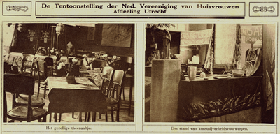 870010 Collage van 2 foto's betreffende de tentoonstelling van de Nederlandsche Vereeniging van Huisvrouwen afdeeling ...